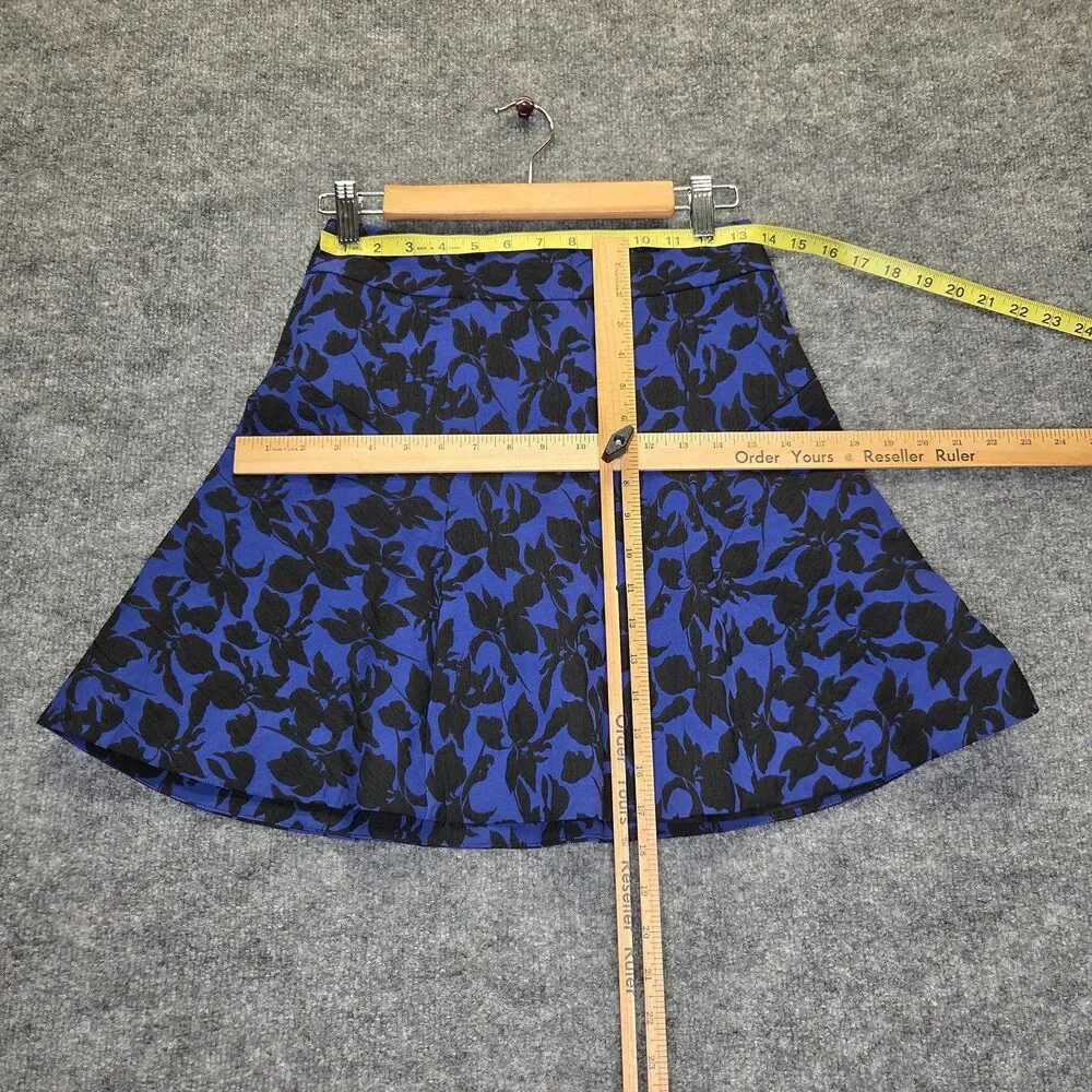 Express Skirt Womens 2 Blue Black Floral A-Line Short Mini Lined Jacquard Zip